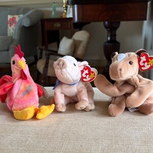 Ty Plush Trio - Vibrant Rooster, Pink Pig, Brown Cow